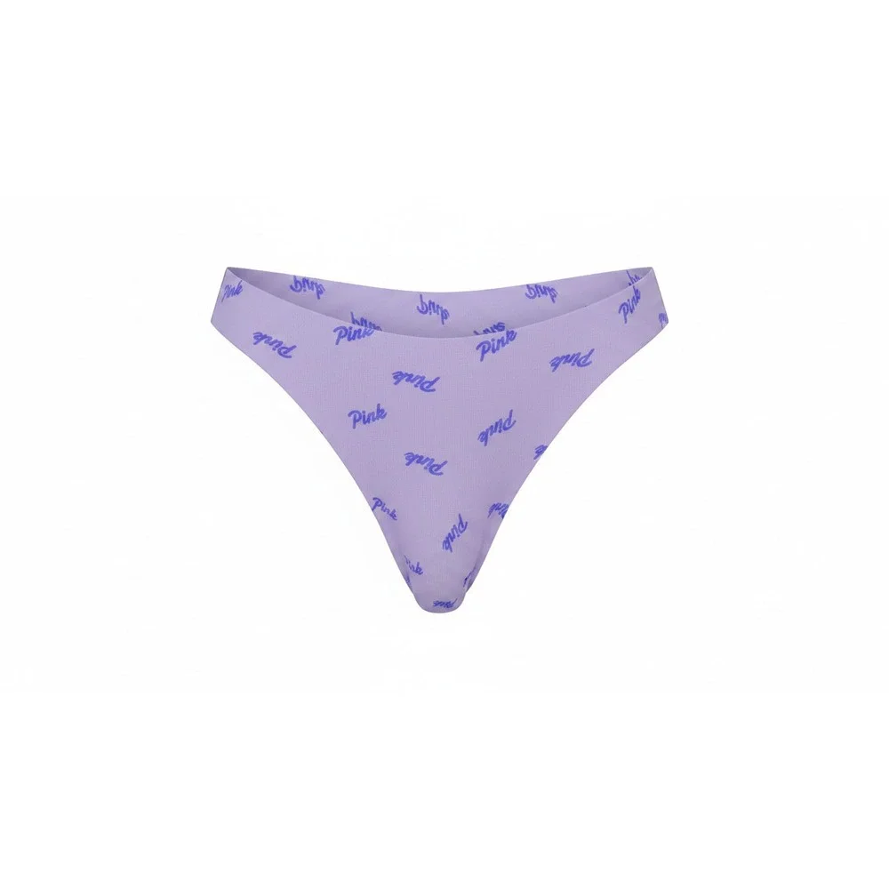 Pink Thong Women M Purple Logo Print Ribbed V-Front High Leg Panty
